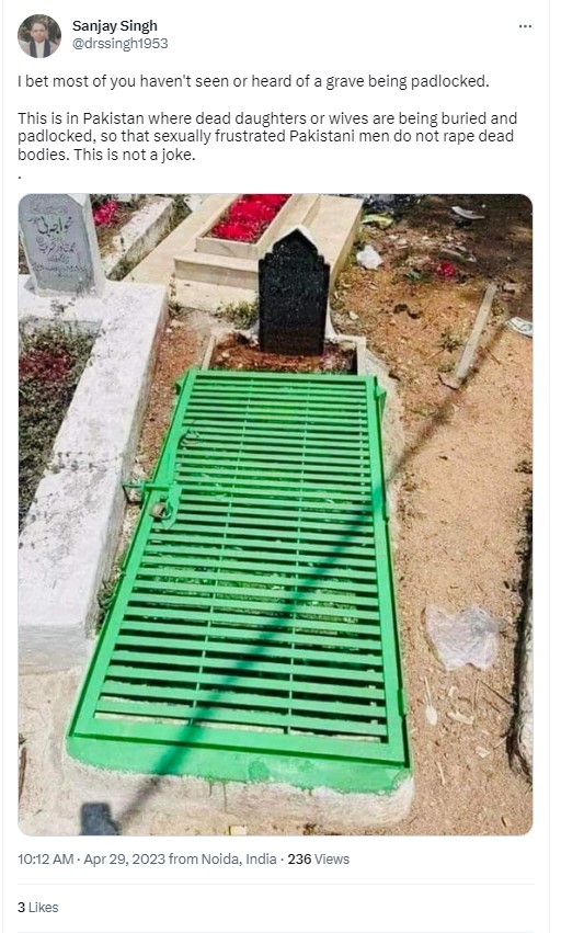 Fact Check: पाकिस्तानात 'मृतदेहांवर बलात्कार' होण्याबद्दलची वाढती भीती दर्शविण्यासाठी भारतातील कुलूपबंद कबरीचा फोटो व्हायरल
