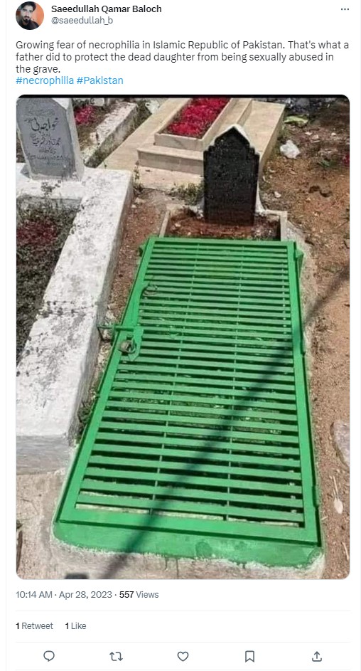 ಪಾಕಿಸ್ಥಾನದಲ್ಲಿ ಶವಕಾಮ ಹೆಚ್ಚುತ್ತಿದೆ ಎನ್ನಲು ಬಳಸಿದ ಬೀಗ ಹಾಕಿದ ಸಮಾಧಿ ಚಿತ್ರ ಹೈದ್ರಾಬಾದ್‌ನದ್ದು!