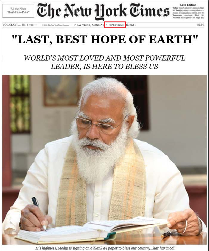 ਦ ਨਿਊਯਾਰਕ ਟਾਈਮਜ਼ ਨੇ ਪ੍ਰਧਾਨ ਮੰਤਰੀ ਨਰਿੰਦਰ ਮੋਦੀ ਦੀ ਕੀਤੀ ਤਰੀਫ