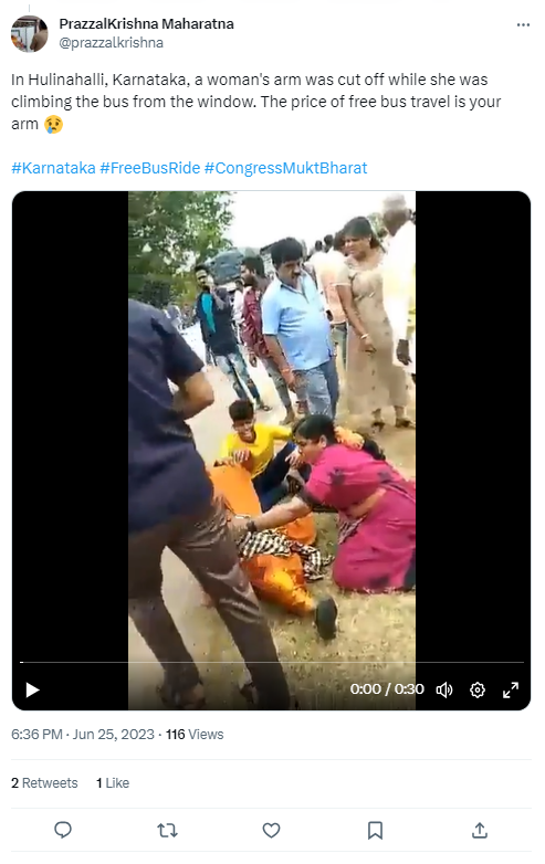 कर्नाटकात मोफत बस प्रवास योजनेचा लाभ घेण्याच्या प्रयत्नात महिलेने हात गमावला? नाही, व्हायरल दावा खोटा आहे