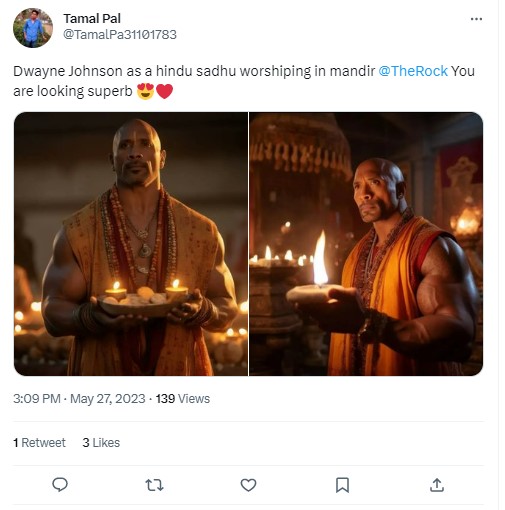 ನಟ ಡ್ವೇನ್ ಜಾನ್ಸನ್ 'ಆರತಿ' ಮಾಡುತ್ತಿರುವ ವೈರಲ್ ಫೋಟೋ ಆರ್ಟಿಫಿಶಿಯಲ್ ಇಂಟೆಲಿಜೆನ್ಸ್ ಕರಾಮತ್ತು!