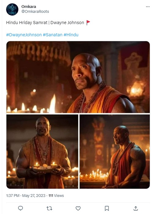 ನಟ ಡ್ವೇನ್ ಜಾನ್ಸನ್ 'ಆರತಿ' ಮಾಡುತ್ತಿರುವ ವೈರಲ್ ಫೋಟೋ ಆರ್ಟಿಫಿಶಿಯಲ್ ಇಂಟೆಲಿಜೆನ್ಸ್ ಕರಾಮತ್ತು!