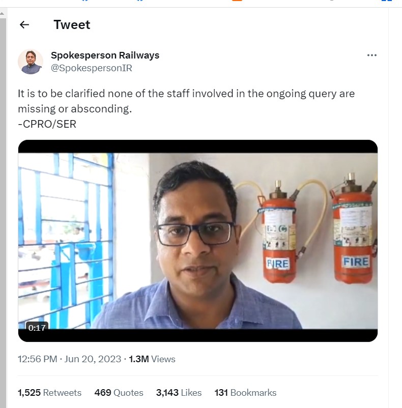 Screen shot of the tweet by Railway Spokesperson