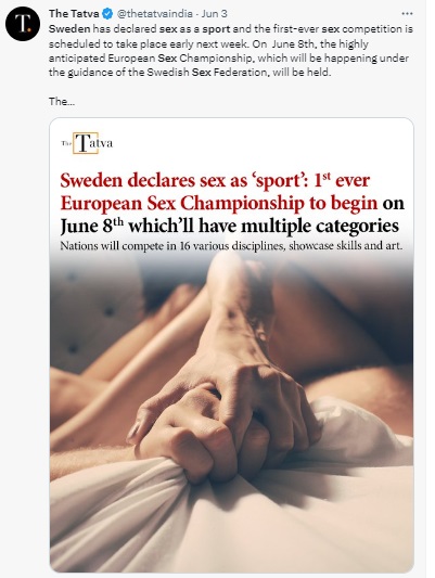 'स्वीडनला कलंकित करण्यासाठी खोटी माहिती', स्वीडनने सेक्सला एक खेळ म्हणून घोषित केल्याच्या रिपोर्टवर देशातील मुख्य क्रीडा संस्थेचा खुलासा