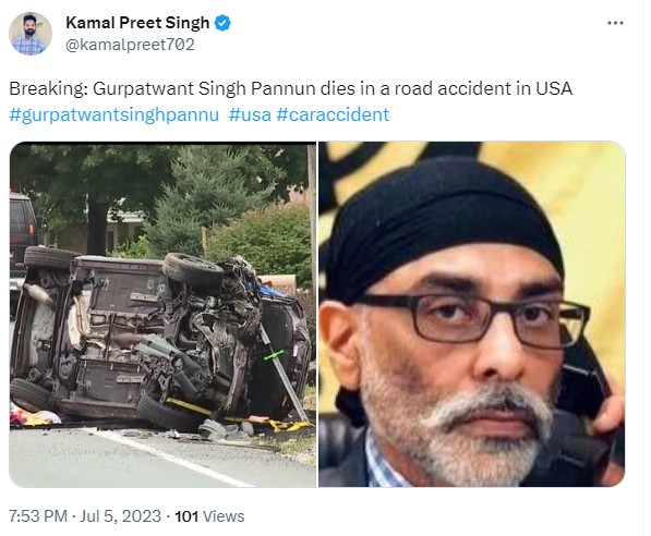 ਗੁਰਪਤਵੰਤ ਸਿੰਘ ਪੰਨੂ ਦੀ ਦੁਰਘਟਨਾ ਵਿੱਚ ਮੌਤ ਹੋਣ ਦਾ ਦਾਅਵਾ ਕਰਦੀ ਇਹ ਤਸਵੀਰ ਪੁਰਾਣੀ ਹੈ
