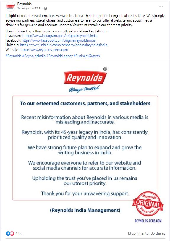 
Courtesy: Official Facebook Page – Reynolds
