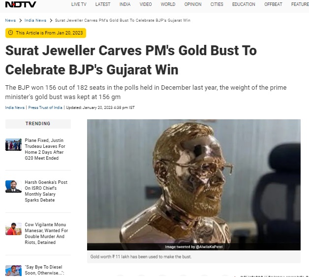 A gold bust of PM Narendra Modi claimed to be made in Saudi Arabia was actually found to be carved by a Surat jeweller following BJP’s win in the 2022 Gujarat Assembly elections.
