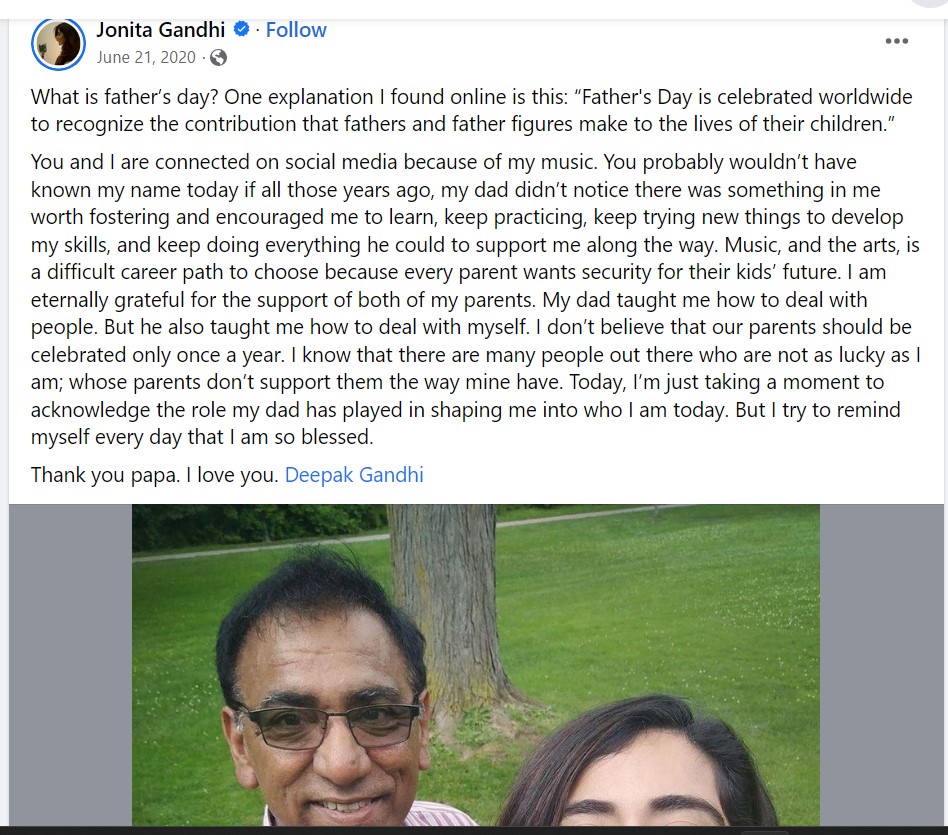 Screenn shot of Jonitta Gandhi's Facebook post