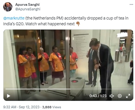 An old video of Netherlands PM Mark Rutte mopping the floor after he spilled coffee on it falsely shared as an incident that happened during the recent G20 summit in New Delhi.
