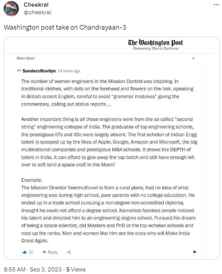 Reader’s comment falsely shared as a Washington Post article praising Chandrayaan-3 engineers and India’s depth of talent.
