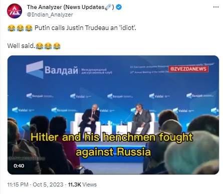 Viral video shows Russian President Vladimir Putin ridiculing former Canada parliament Speaker Anthony Rota, not Prime Minister Justin Trudeau, as claimed by social media users.