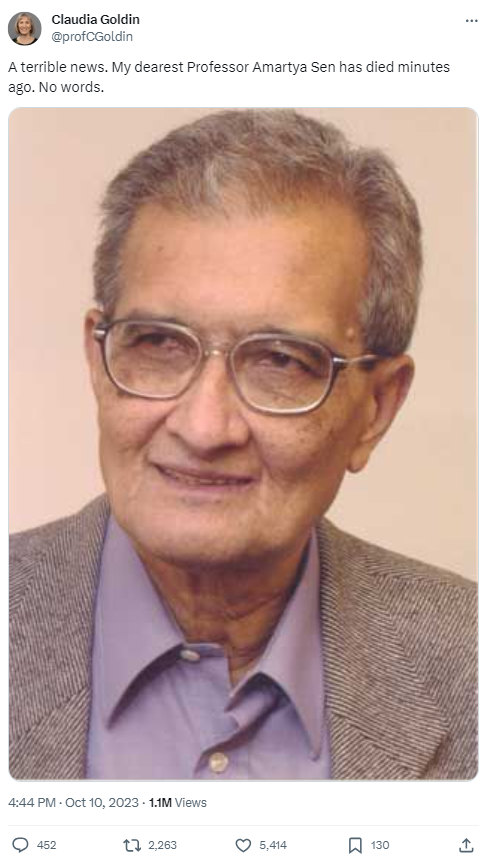 नोबेल विजेता अमर्त्य सेन का निधन हो गया है.