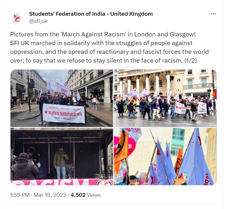 Tweet by Students' Federation of India - United Kingdom