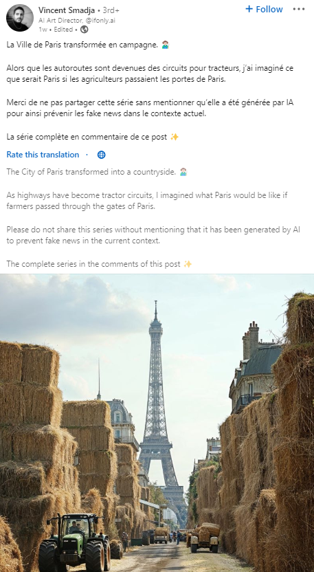 ਆਈਫਲ ਟਾਵਰ ਦੇ ਸਾਹਮਣੇ ਖੜ੍ਹੇ ਟ੍ਰੈਕਟਰ ਅਤੇ ਤੂੜੀ ਦੇ ਢੇਰ ਦੀ ਵਾਇਰਲ ਤਸਵੀਰ AI Generated ਹੈ