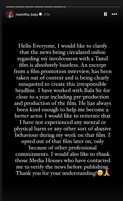 இயக்குனர் பாலா அடித்ததால் வணங்கான் படத்திலிருந்து விலகினேன் என்று மமிதா பைஜூ கூறியதாக ஊடகங்களில் வந்த செய்தி