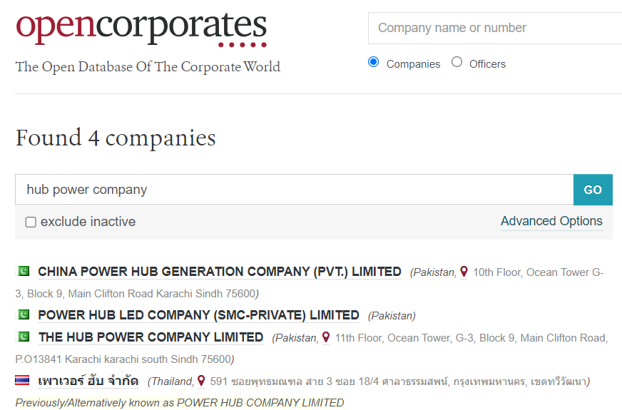 Screengrab from opencorporates.com website