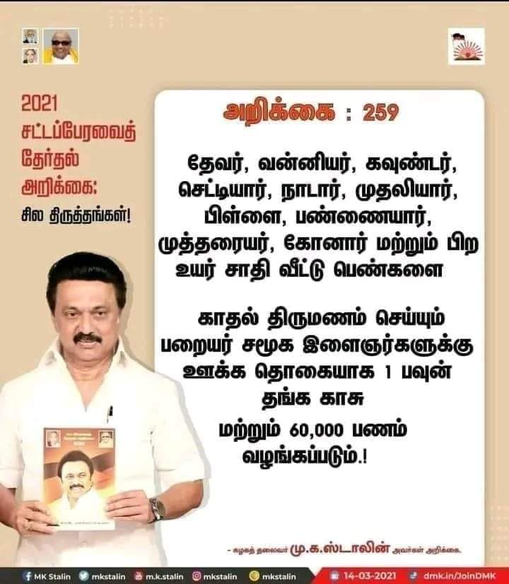 உயர்சாதி பெண்களை பறையர் இன ஆண் மணந்தால் அவருக்கு ஊக்கத்தொகை வழங்கப்படும் என்று திமுக அறிவிப்பு வெளியிட்டதாக பரவும் நியூஸ்கார்டு