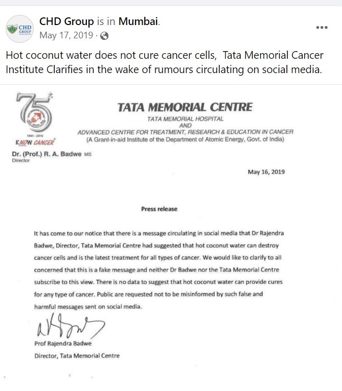 facebook post by CHD