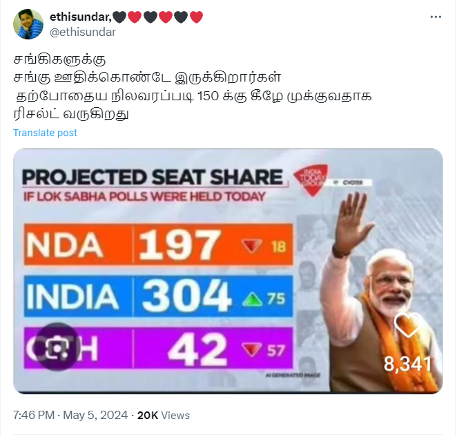 இந்தியா கூட்டணி 304 இடங்களை பெறும் என்று இந்தியா டுடே கருத்துக்கணிப்பு வெளியிட்டதாக வைரலாகும் படம் 