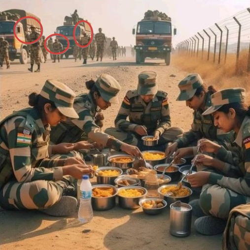 Fact Check: ಭಾರತ ಗಡಿಯಲ್ಲಿ ಬಿಸಿಲಿನಲ್ಲೂ ಕರ್ತವ್ಯದಲ್ಲಿರುವ ಮಹಿಳಾ ಸೈನಿಕರು ಊಟ ಮಾಡುತ್ತಿರುವ ದೃಶ್ಯ ಎಂದು ಎಐ ಚಿತ್ರ ಹಂಚಿಕೆ