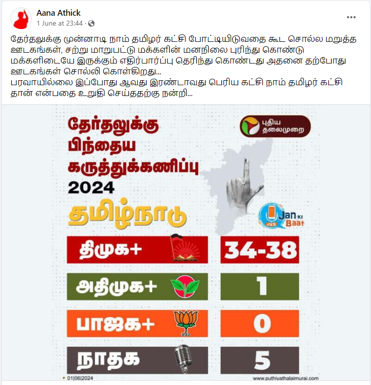 “நாதக 5 இடங்களில் வெற்றி பெறும்; பாஜக கூட்டணி பூஜ்ஜிய இடங்களையே பெறும்” என்று புதிய தலைமுறை கருத்துக்கணிப்பு 