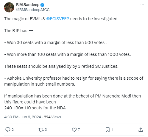 Fact Check: 2024 लोकसभा निवडणुका: भाजपचे उमेदवार 100 मतदारसंघात 1,000 पेक्षा कमी मतांनी जिंकले? खोटा आहे हा दावा