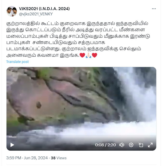 குற்றால அருவில் மலைப்பாம்புகள் மீனுக்காக சண்டையிட்டதாக பரவும் வீடியோத்தகவல்