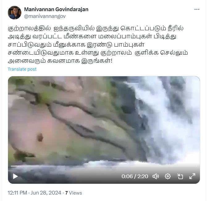 குற்றால அருவில் மலைப்பாம்புகள் மீனுக்காக சண்டையிட்டதாக பரவும் வீடியோத்தகவல்