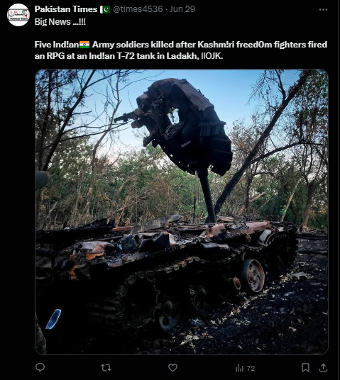 کشمیری ملیٹنٹوں کی جانب سے لداخ میں بھارت کی ٹی-72 ٹینک پر حملے کا دعویٰ بے بنیاد ہے۔ 